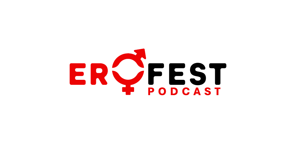Červenočerné logo EroFest Podcast na bílém podkladu